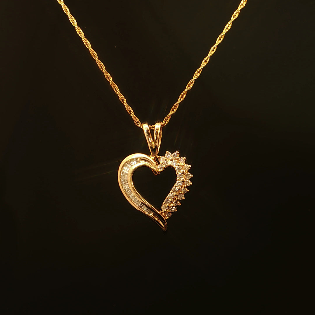 Estate 14K Yellow Gold Open Heart Round & Baguette Diamond Necklace