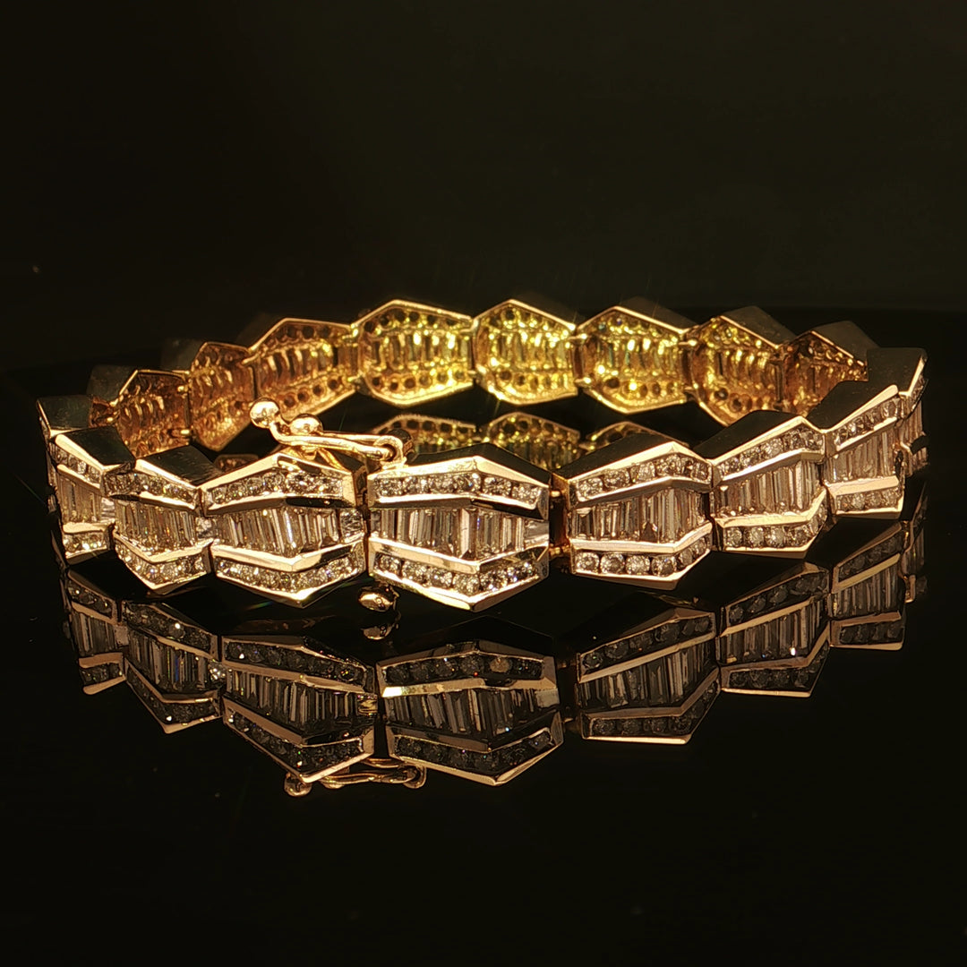 Estate 14K Yellow Gold Round and Baguette Diamond Line Bracelet with Geometric Stations