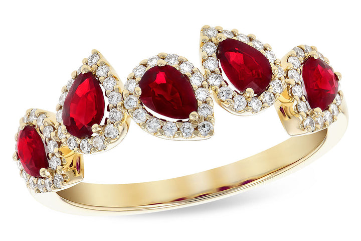 14K Yellow Gold Pear Shaped Ruby & Diamond Halo Band