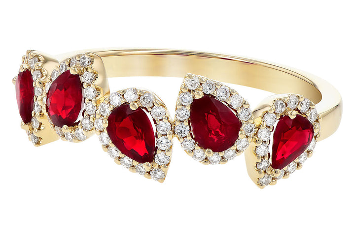 14K Yellow Gold Pear Shaped Ruby & Diamond Halo Band