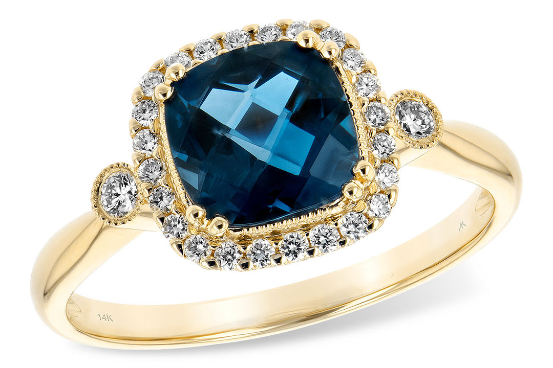 14K Yellow Gold Cushion Cut London Blue Topaz and Diamond Halo Ring