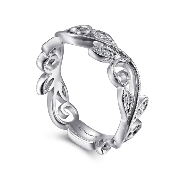 14K White Gold .09cttw Diamond Scrolling Floral Stackable Fashion Ring