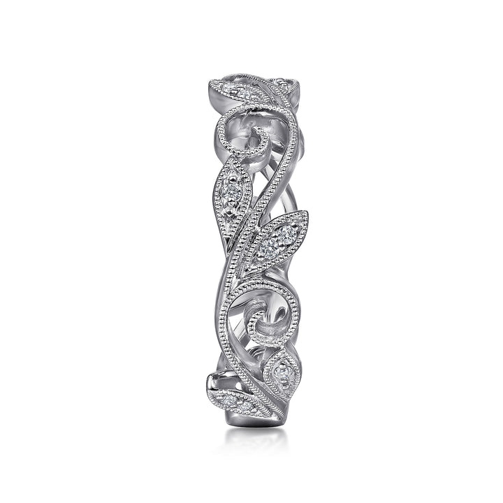 14K White Gold .09cttw Diamond Scrolling Floral Stackable Fashion Ring