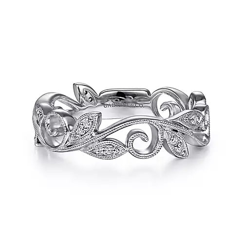 14K White Gold .09cttw Diamond Scrolling Floral Stackable Fashion Ring