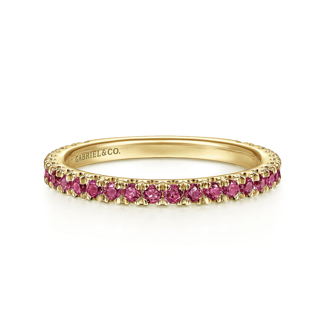 14K Yellow Gold Created Pink Tourmaline Stackable Birthstone Ring.