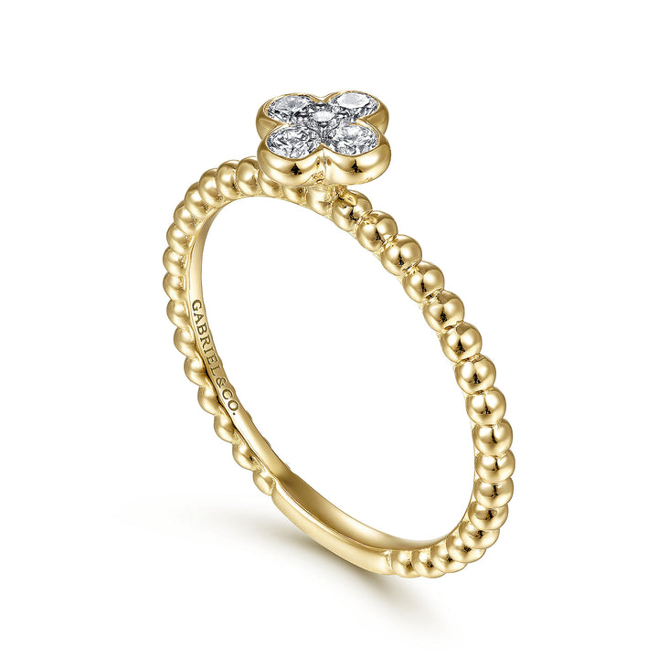 14K Yellow Gold .19cttw Diamond Cluster Clover & Bujukan Bead Stackable Ring