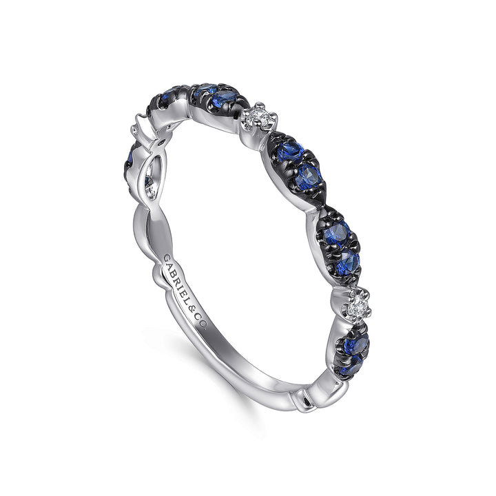 14K White Gold Black Rhodium Diamond & Blue Sapphire Stackable Ladies Ring