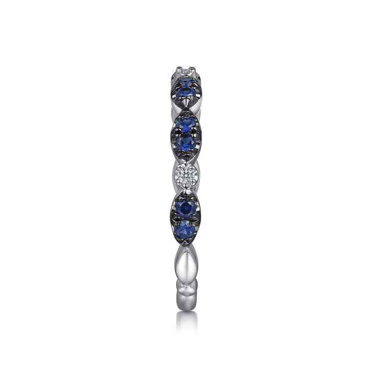 14K White Gold Black Rhodium Diamond & Blue Sapphire Stackable Ladies Ring