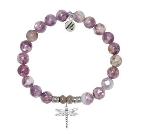 Lepidolite Quartz Gemstone Bracelet with Dragonfly Sterling Silver Charm