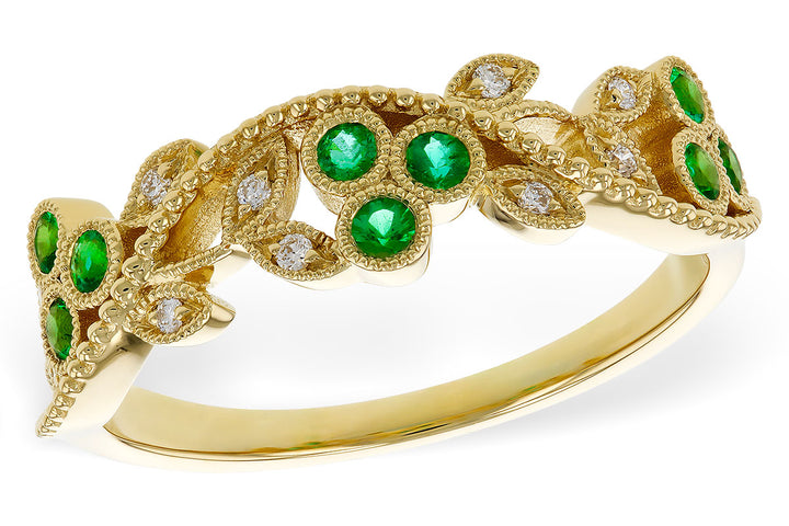 14K Yellow Gold Emerald & Diamond Floral Fashion Ring