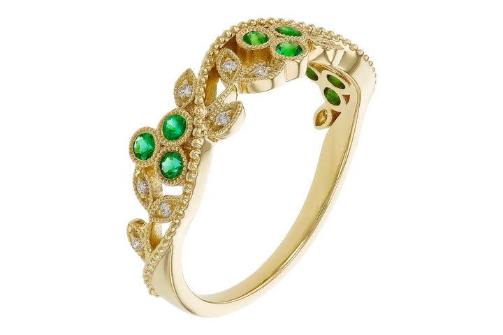 14K Yellow Gold Emerald & Diamond Floral Fashion Ring