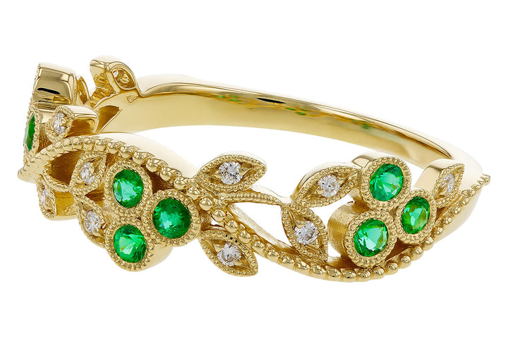 14K Yellow Gold Emerald & Diamond Floral Fashion Ring