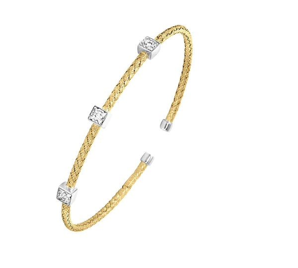 BRACELETS - 2-Tone Sterling Silver Mesh Cuff With CZ Square Beads 2mm