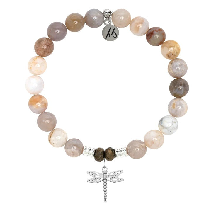 BRACELETS - Australian Agate Stone Bracelet With Dragonfly Sterling Silver Charm