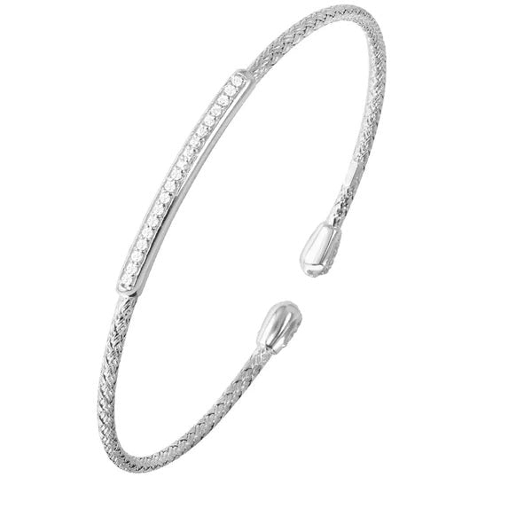 BRACELETS - Sterling Silver 2mm Mesh Cuff With Bar CZ Accents