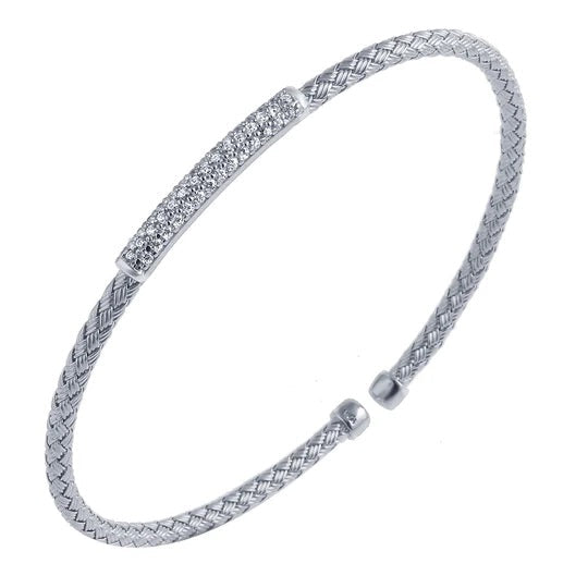 BRACELETS - Sterling Silver 3mm Mesh Cuff With CZ Bar
