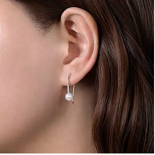 Earrings - 14K White Gold 0.07cttw Diamond & Cultured Pearl Drop Earrings