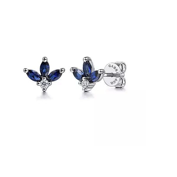 Earrings - 14K White Gold .69cttw Sapphire & .05cttw Diamond Leaf Shape Stud Earrings.