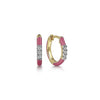 Earrings - 14K Yellow Gold Diamond Classic Huggie With Pink Enamel