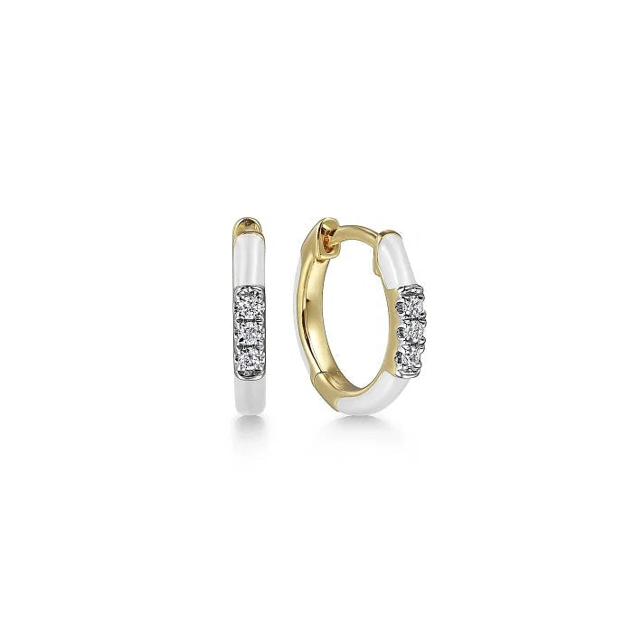 Earrings - 14K Yellow Gold Diamond Classic Huggie With White Enamel