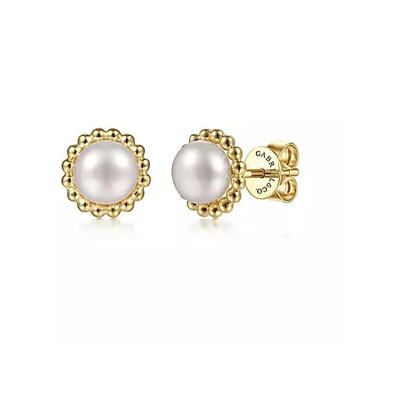Earrings - 14K Yellow Gold Fresh Water Bujukan Beaded Halo Pearl Stud Earrings