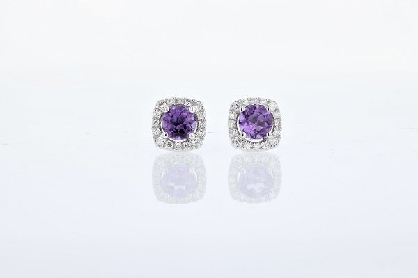 EARRINGS - 5mm Round Amethyst Diamond Earrings With Halo 14k White Gold