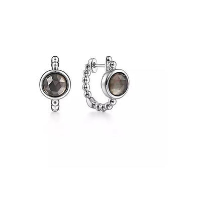 EARRINGS - Sterling Silver 15mm Rock Crystal & Black Mother Of Pearl Huggie Earrings