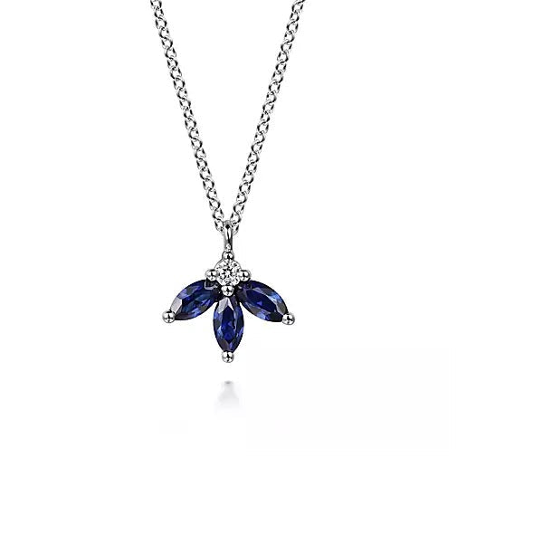Necklace - 14K White Gold .60cttw Sapphire & .04cttw Diamond Leaf Shape Pendant