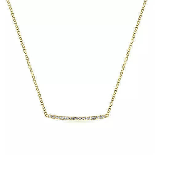 Necklace - 14K Yellow Gold Curved .10cttw Diamond Bar Necklace With Pave Set Diamonds