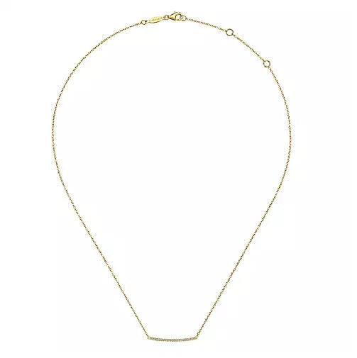 Necklace - 14K Yellow Gold Curved .10cttw Diamond Bar Necklace With Pave Set Diamonds