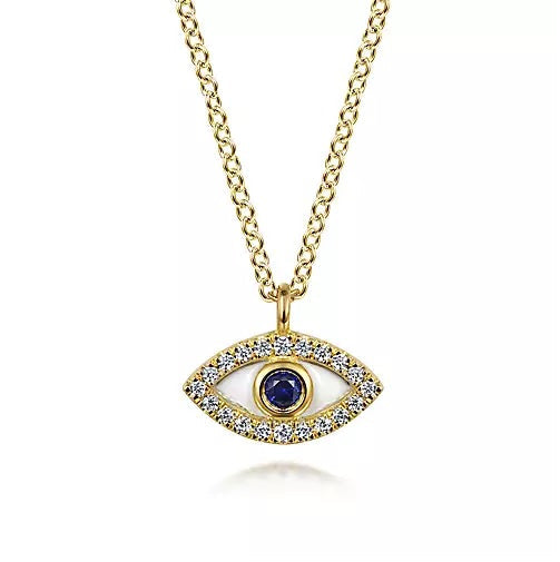 Necklace - 14K Yellow Gold Sapphire & .07cttw Diamond Evil Eye Necklace