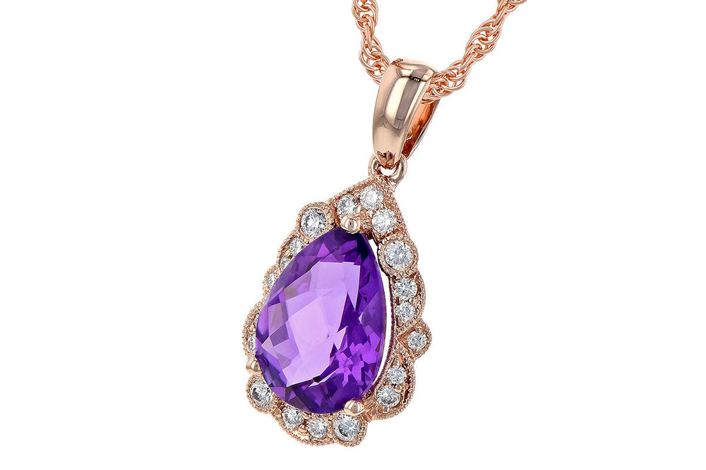 NECKLACES - 14K Rose Gold Amethyst And Diamond Vintage Halo Necklace