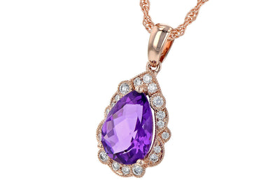 NECKLACES - 14K Rose Gold Amethyst And Diamond Vintage Halo Necklace