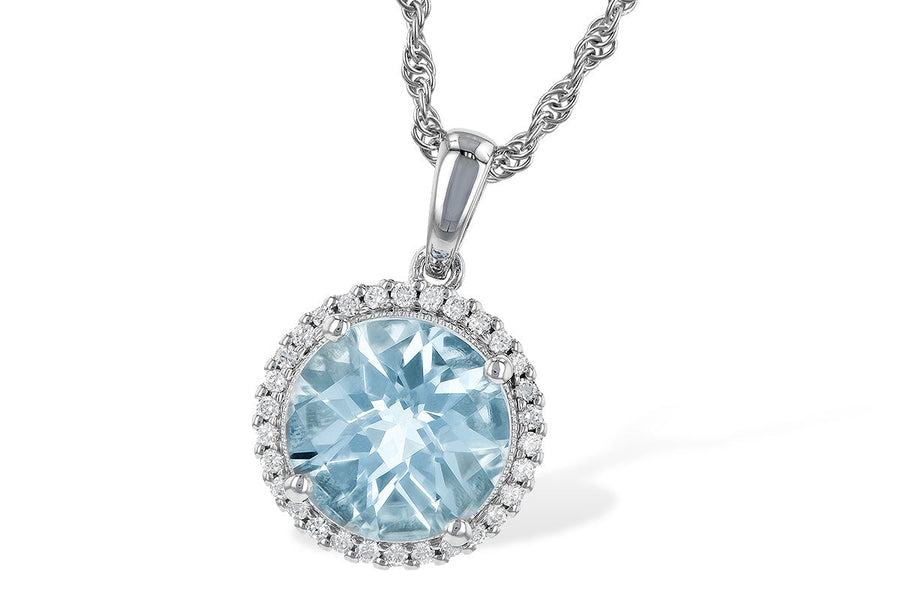 NECKLACES - 14K White Gold Round Aquamarine And Diamond Halo Necklace