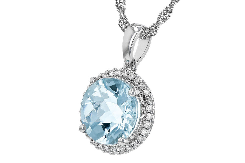 NECKLACES - 14K White Gold Round Aquamarine And Diamond Halo Necklace