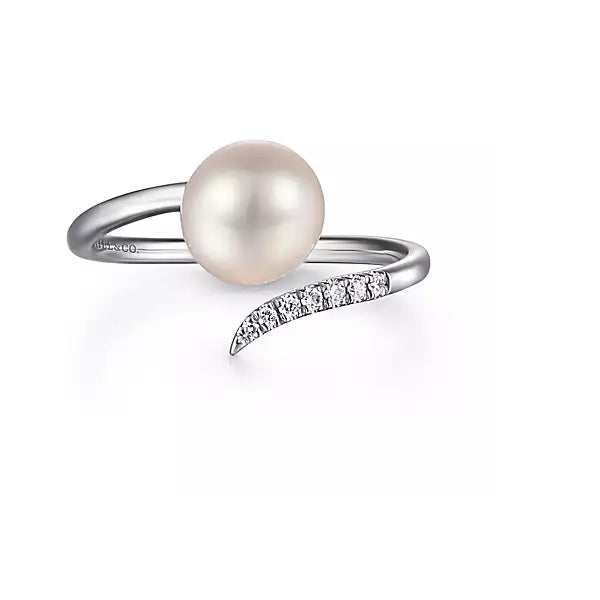 Ring - 14K White Gold .05cttw Diamond & Cultured Pearl Open Wrap Ring