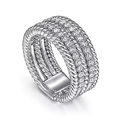 Ring - Sterling Silver White Sapphire Hampton Easy Stacklable Multi Row Ladies Fashion Ring. Finger Size 6.5