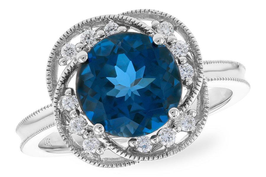 RINGS - 14K White Gold London Blue Topaz And Diamond Floral Style Ring