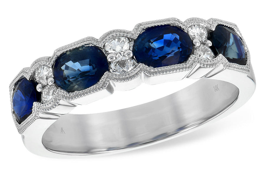 RINGS - 14K White Gold Vintage Style Sapphire And Diamond Band