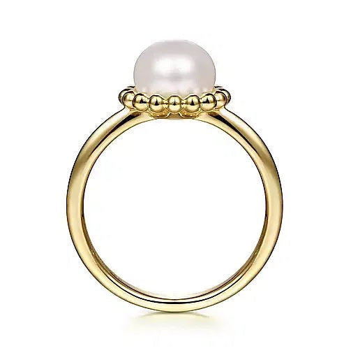 RINGS - 14K Yellow Gold Fresh Water Pearl With Bujukan Beaded Halo Fashion Ring