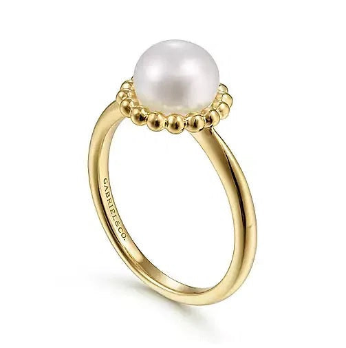 RINGS - 14K Yellow Gold Fresh Water Pearl With Bujukan Beaded Halo Fashion Ring
