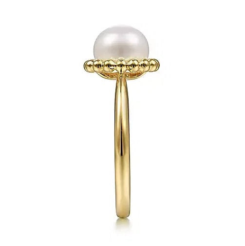 RINGS - 14K Yellow Gold Fresh Water Pearl With Bujukan Beaded Halo Fashion Ring