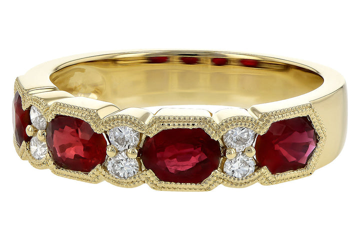 RINGS - 14K Yellow Gold Vintage Style Ruby And Diamond Band