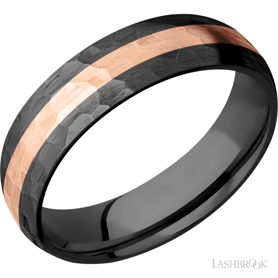 WEDDING - Black Zirconium Hammered Band 14K Rose Gold Inlay 6mm