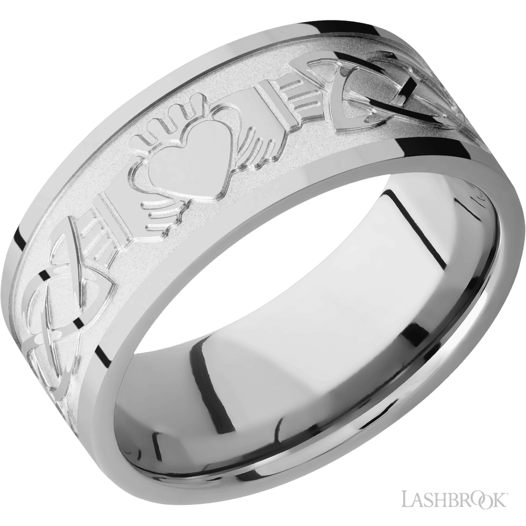 WEDDING - Flat Celtic Claddagh Style Wedding Band Titanium 9mm Wide
