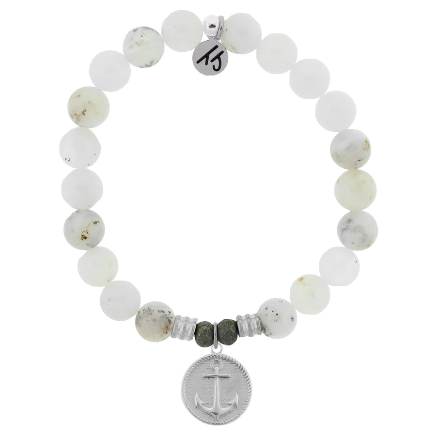 BRACELETS - White Chalcedony Stone Bracelet With Anchor Sterling Silver Charm