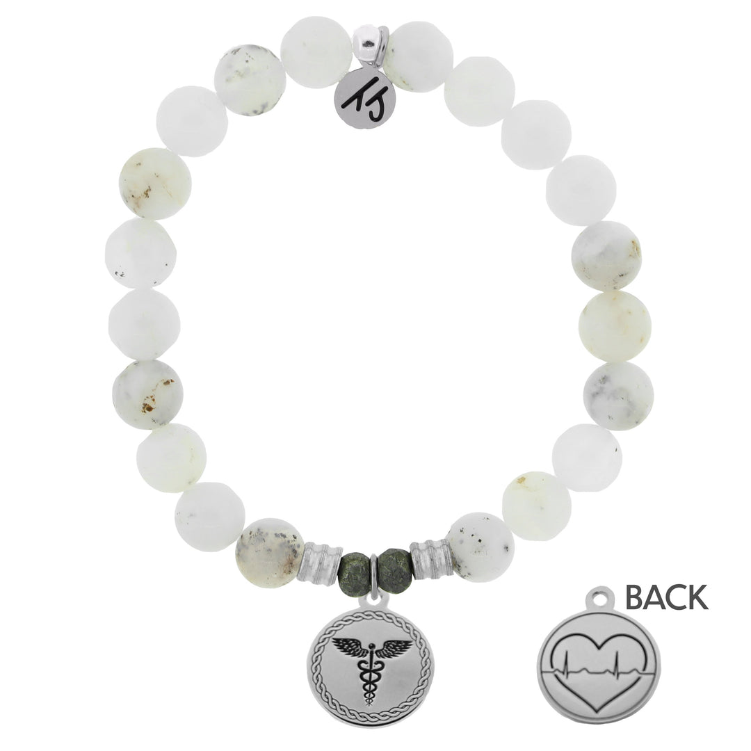 BRACELETS - White Chalcedony Stone Bracelet With Caduceus Sterling Silver Charm