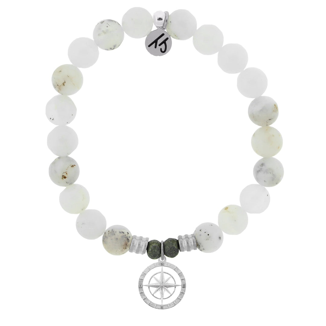 BRACELETS - White Chalcedony Stone Bracelet With Compass Rose Sterling Silver Charm