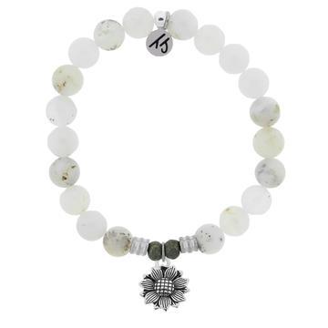 BRACELETS - White Chalcedony Stone Bracelet With Sunflower Sterling Silver Charm