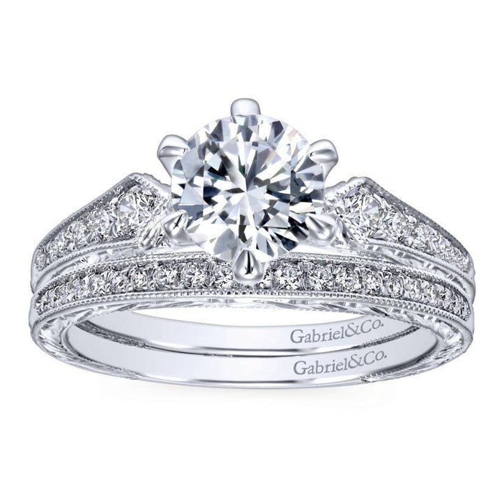 DIAMOND ENGAGEMENT RINGS - 14K White Gold 1.22cttw Pointed Vintage Shank Round Diamond Engagement Ring